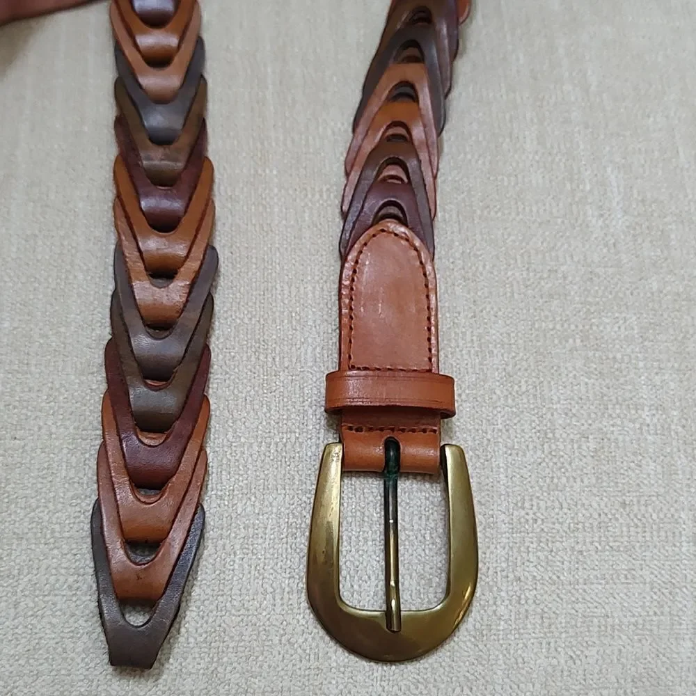 Genuine Leather Multi Color Woven Link Belt Brass Buckle